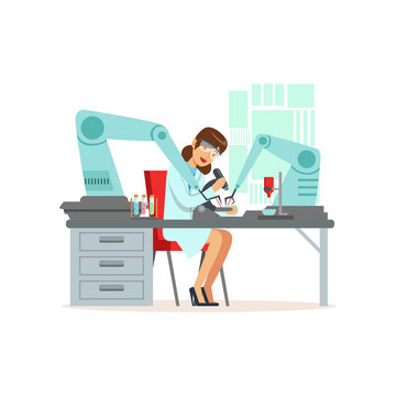 Female scientist and robotic arm conducting experiments in a modern laboratory, artificial intelligence concept vector illustration