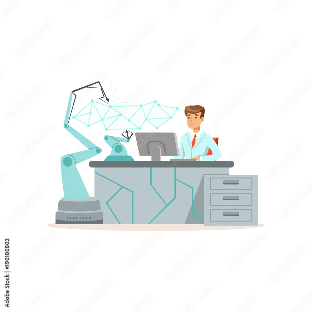 Poster male scientist working with robotic arm conducting experiments in a modern laboratory vector illustr