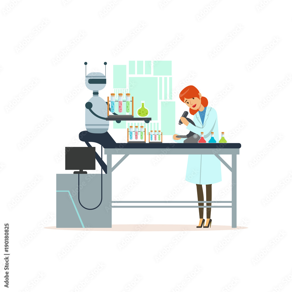 Poster female scientist and robotic arm conducting experiments in a modern laboratory, robotic arm working 