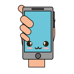 smartphone device with hand human kawaii character vector illustration design