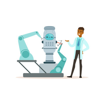 Male scientist working with robot conducting experiments in a modern laboratory vector illustration
