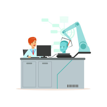 Female scientist and robotic arm conducting experiments in a modern laboratory, research center, artificial intelligence concept vector illustration