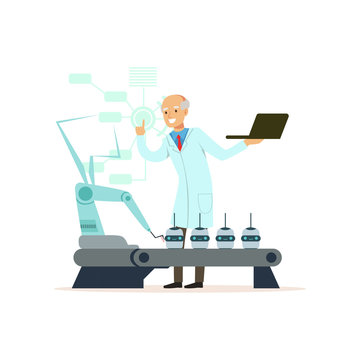 Mature male scientist working with robotic arm conducting experiments in a modern laboratory vector illustration
