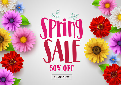 Spring sale vector banner design with template background of various colorful flowers like daisy, sunflower and other elements for spring season discount promotion. Vector illustration.
