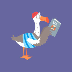 Funny seagull reading a book, cute comic bird character cartoon vector illustration