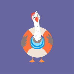 Funny seagull with lifebuoy, cute comic bird character cartoon vector illustration