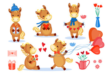 Lovers horses vector set kid cartoon animal pose, domestic cute foal isolated on white, farmer animals, Character design for greeting card, children invitation, creation of alphabet, valentines day
