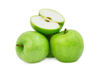 stack and half of green apple or granny smith apple with drop of water isloated on white background