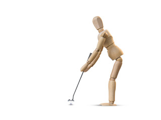 Wooden dummy doll, Wood figure isolated on white background in concept of Golfer  putting golf ball with space for text