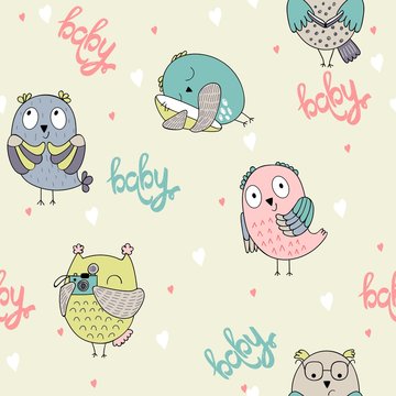 Vector seamless pattern with cartoon baby owls
