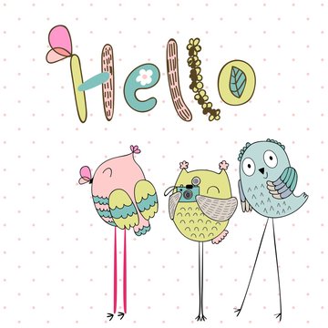 Card with cartoon owls in bright colors. Hello.