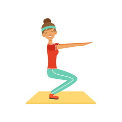 Fototapeta premium Sportive young woman character doing squats, girl working out in the fitness club or gym colorful vector Illustration