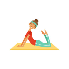 Sportive young woman character doing fitness exercise, girl working out in the fitness club or gym colorful vector Illustration