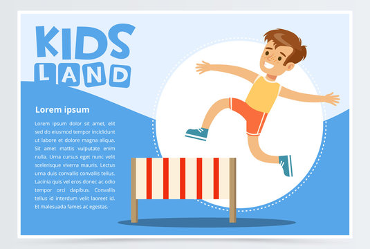Smiling sportive boy jumping hurdle, kids land banner flat vector element for website or mobile app