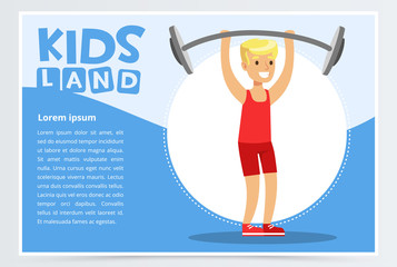 Smiling boy in sportswear training with barbell, kids land banner flat vector element for website or mobile app