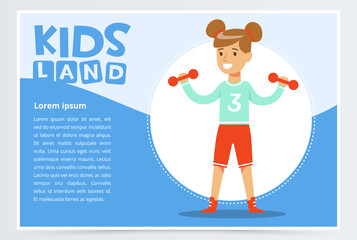 Smiling girl lifting dumbbells, kids land banner flat vector element for website or mobile app