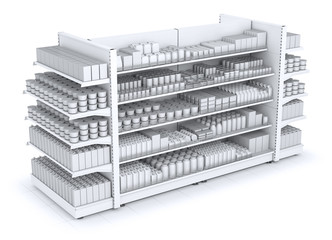 Shelves with blank goods in the store. 3d illustration isolated on white.
