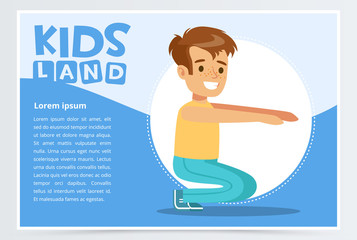 Smiling active boy squatting, kids land banner flat vector element for website or mobile app