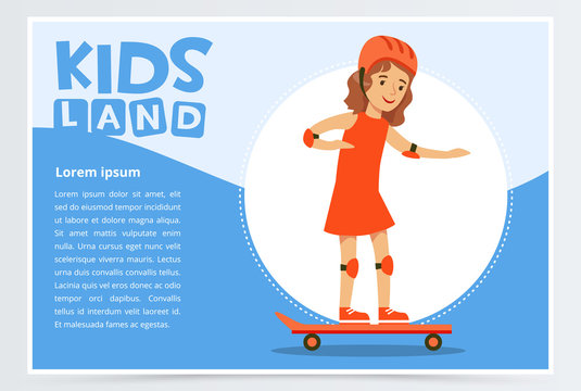 Smiling girl skateboarding, kids land banner flat vector element for website or mobile app