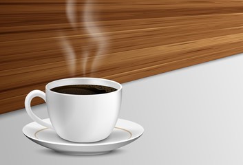 Cup of coffee with smoke on a wooden table