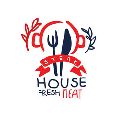 Steak house logo, fresh meat vintage label colorful hand drawn vector Illustration