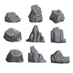 Collection of mountain stones with lights and shadows. Rock landscape design elements. Cartoon style boulders set. Flat vector