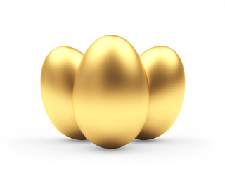 Three golden Easter eggs isolated on a white background. 3D illustration