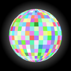 Disco ball icon isolated on black background. Vector colorful mosaic sphere. Vector design for flyer.