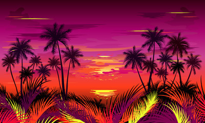 Sunset on tropical beach with palm trees and jungle foliage. Hand drawn vector illustration.