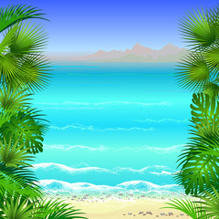 Tropical beach with palm leaves. Hand drawn vector template for poster design.