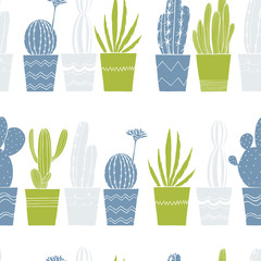 Hand drawn cacti in pots.  Vector seamless pattern