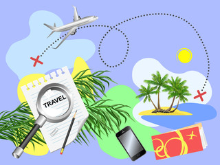 Time to travel. Web advertizing banner for vacation trip and travel concept. Route planning, smatphone, flight tickets, and airplane route to seaside with palms and beach. Modern flat design.