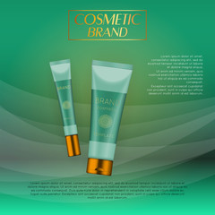 Vector 3D cosmetic illustration on a soft light waves background . Beauty realistic cosmetic product design template.