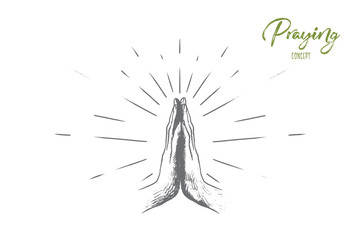 Praying concept. Hand drawn hands in praying position. Prayer to god with faith and hope isolated vector illustration. - obrazy, fototapety, plakaty