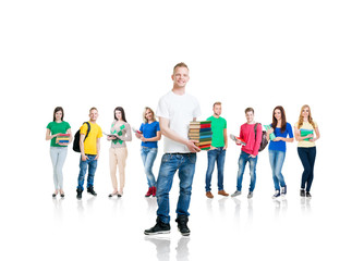 Obraz premium Large group of teenage students isolated on white background. Many different people standing together. School, education, college, university concept.
