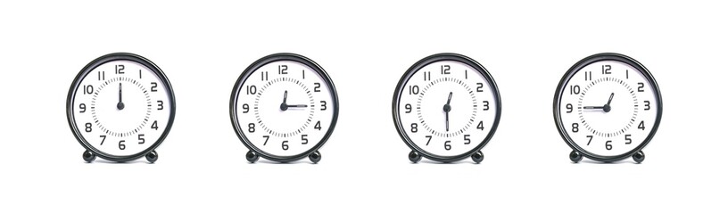 Closeup group of beautiful black and white clock for decoration show the time in 12 , 12:15 , 12:30...