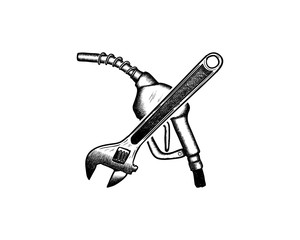 Fuels Pump - Gasoline Fuel Nozzle - Gas Pump Hose Fuel Dispenser with Wrench Cross Illustration Hand Drawing Symbol Logo Vector