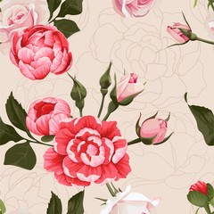 Peony And Roses Vector Seamless Pattern #1 Flowered Texture on beige Background