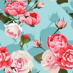 Papier Peint photo Roses Pivoine et roses Vector Seamless Pattern  2 Texture fleurie sur fond turquoise