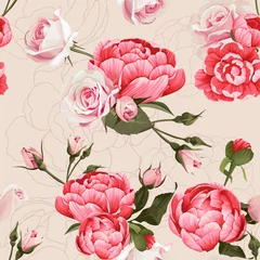 Photo sur Plexiglas Roses Pivoine et roses Vector Seamless Pattern  3 Texture fleurie sur fond beige