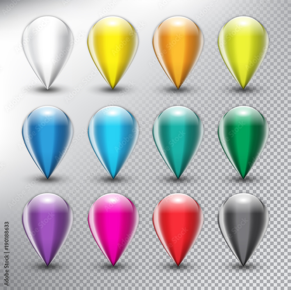 Wall mural collection of 12 blank map markers. location icons in 12 different colors. isolated with realistic s