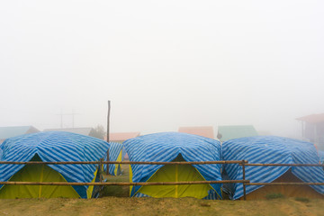 Travel tent in the morning with fog