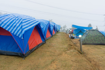 Travel tent in the morning with fog