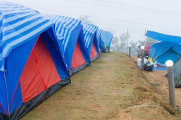 Travel tent in the morning with fog