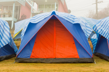 Travel tent in the morning with fog