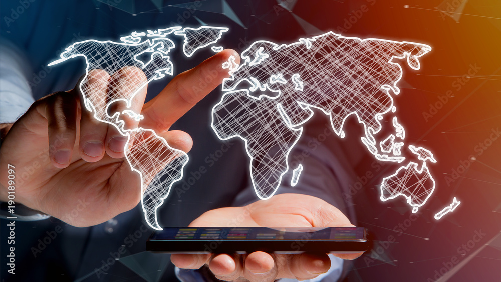 Poster businessman using a smartphone with a hand drawn world map on a futuristic interface