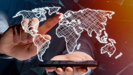 Businessman using a smartphone with a Hand drawn world map on a futuristic interface