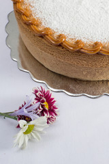 Vanilla cake withe powdered sugar and milk cream