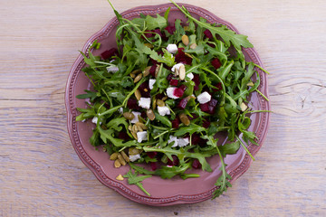 Arugula Beet Salad with Feta Cheese and Pumpkin Seeds