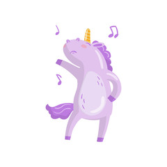 Cute unicorn character dancing, funny magical animal cartoon vector Illustration